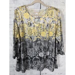 Alfred Dunner women’s blouse, lace sleeve, overlay yellow, brown feminine ￼